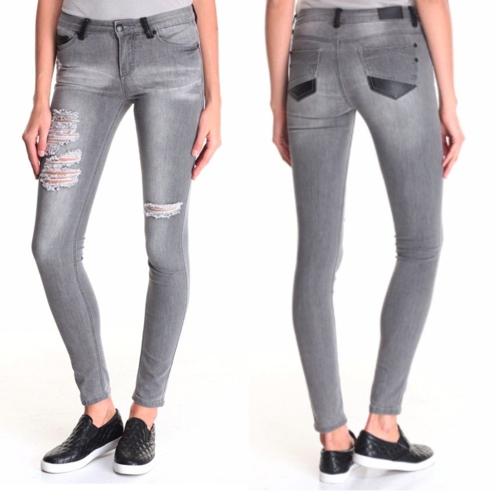 Faux Leather Distressed Super Skinny Jeans 3/4